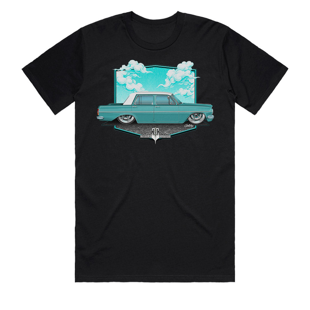 EH Holden T-Shirt men’s black front print with hand-drawn Aussie custom car artwork by Geltchy