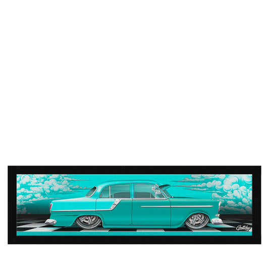 FC Holden Bar Runner, hand-illustrated Ice Green FC on teal checkerboard artwork, 890mm limited edition Australian made bar mat