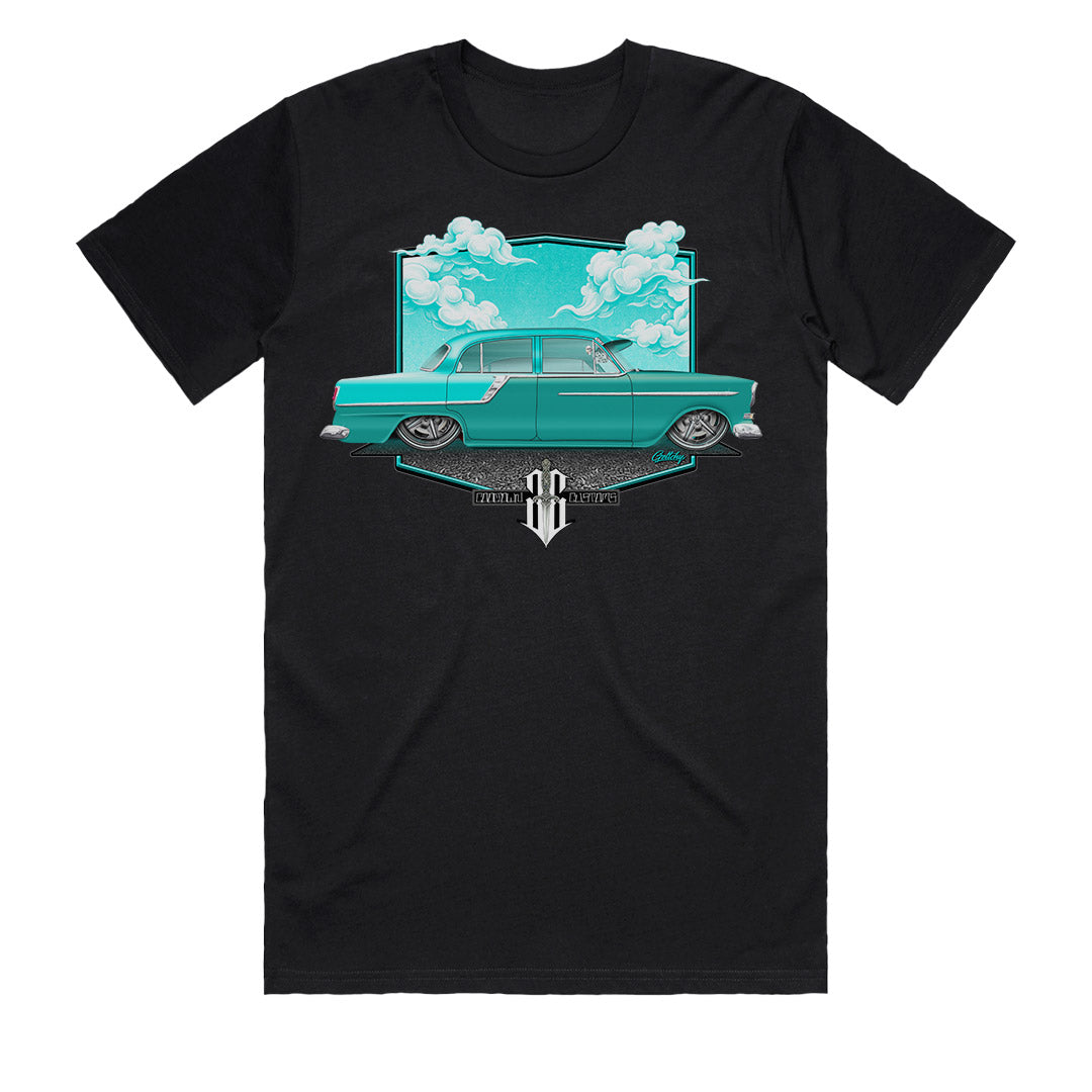 FC Holden t-shirt front, hand-illustrated slammed Olinda Green FC sedan on a black men's tee