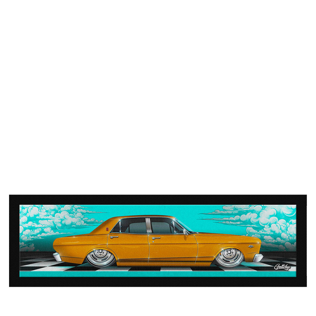 Ford XR GT Falcon Bar Runner in GT Gold, Aussie-made 890x240 bar mat with non-slip rubber base