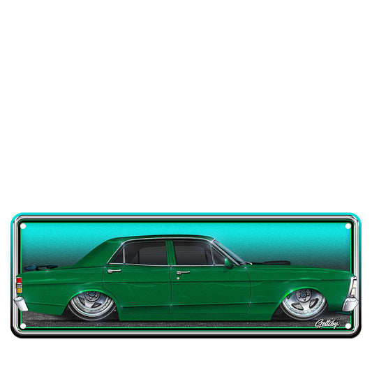 Ford XR XT XW XY Falcon number plate custom novelty plate sign with personalised paint colour, wheels and specs on premium aluminium, ready to hang.