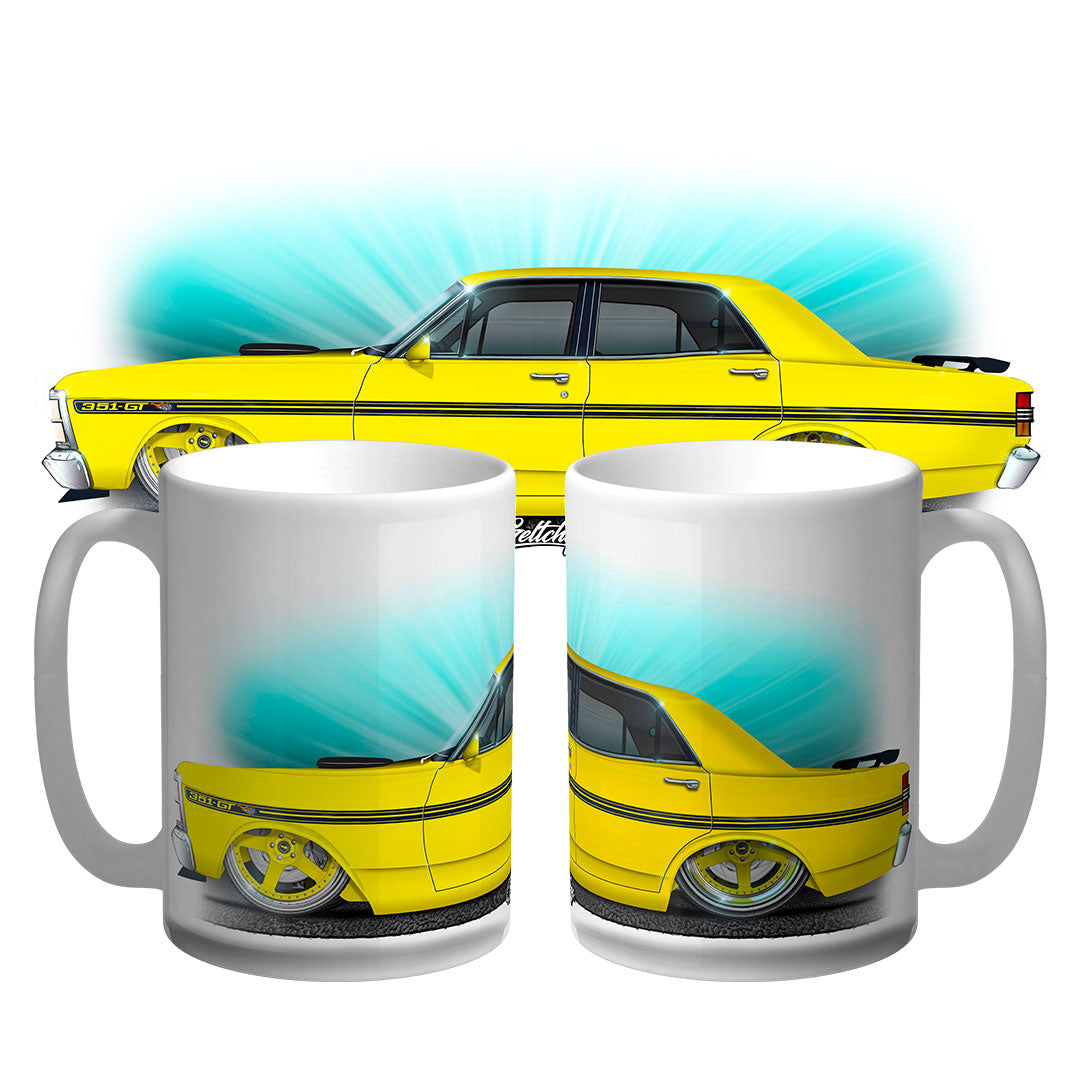 Hand-illustrated FORD XY GT Falcon Street Machine Coffee Mug 15oz in Yellow Ochre – Australian made collectible by Geltchy