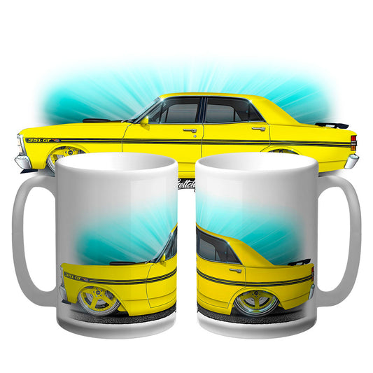 Hand-illustrated FORD XY GT Falcon Street Machine Coffee Mug 15oz in Yellow Ochre – Australian made collectible by Geltchy