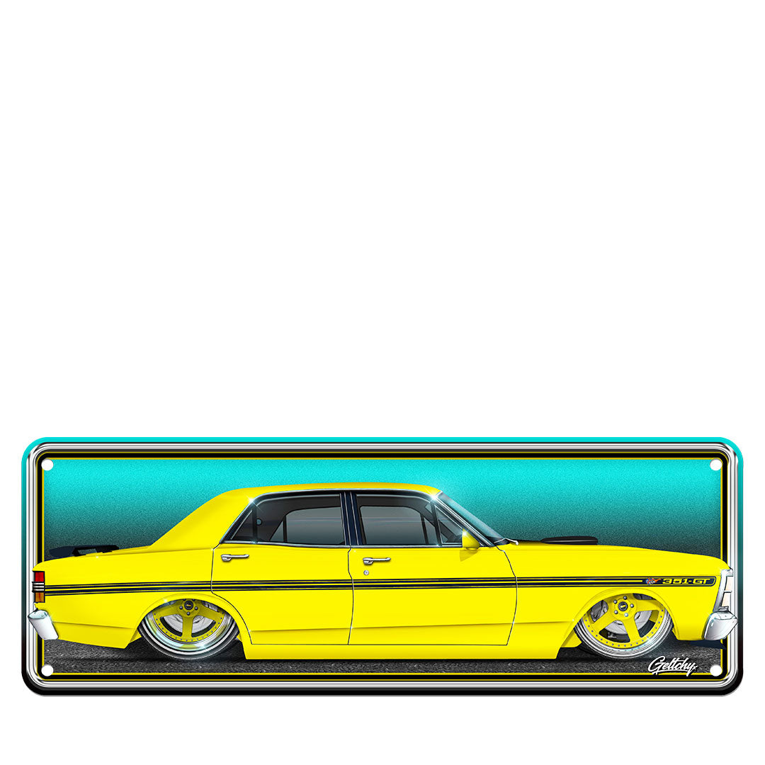 Ford XY GT Falcon number plate sign in Yellow Ochre, premium aluminium, hand-illustrated by Mark Geltch