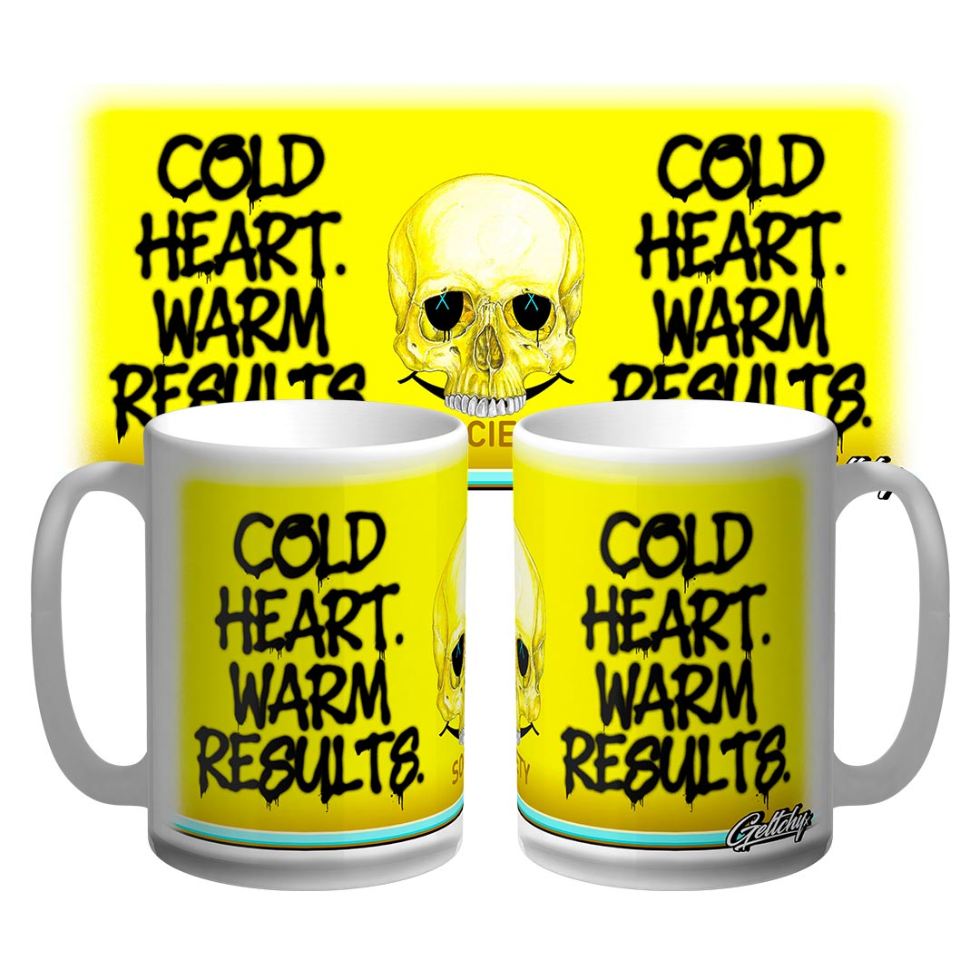Funny Coffee Mug in yellow and black warning style with “Cold Heart. Warm Results.” SOCIETY skull design, 15oz Australian-made