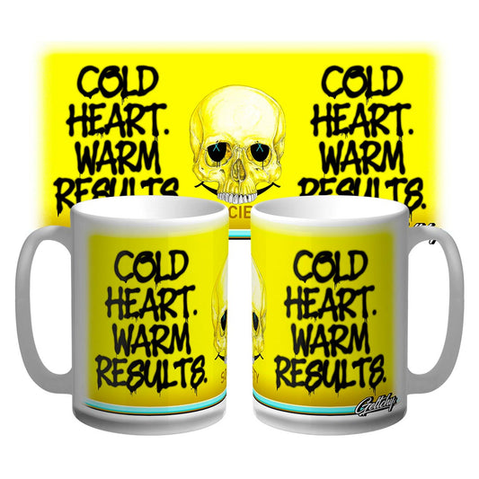 Funny Coffee Mug in yellow and black warning style with “Cold Heart. Warm Results.” SOCIETY skull design, 15oz Australian-made