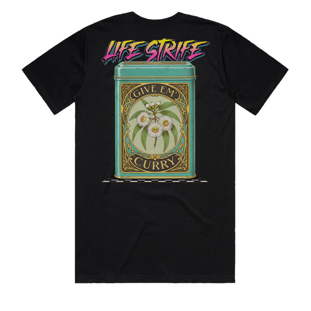 Give Em Curry Tee back view with large distressed curry tin graphic print Life Strife Australian slang humour t-shirt