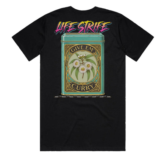 Give Em Curry Tee back view with large distressed curry tin graphic print Life Strife Australian slang humour t-shirt