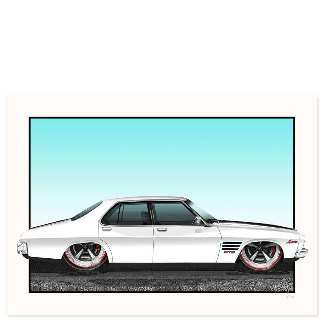 GTS Holden Car Art HQ 4 Door Glacier White Fine Art Print – Limited Edition, hand-illustrated, Australian made, collectible artwork