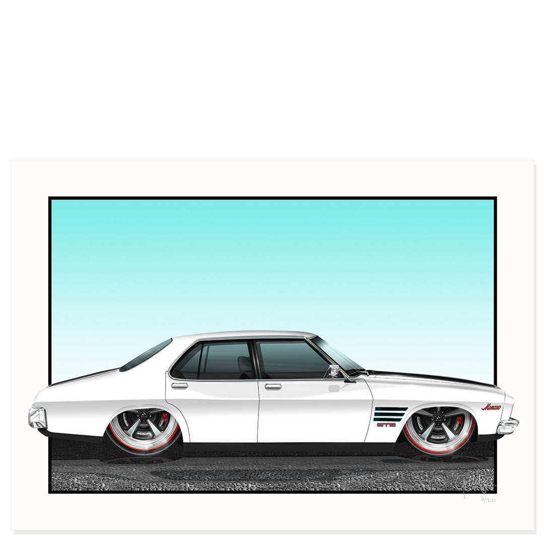 GTS Holden Car Art HQ 4 Door Glacier White Fine Art Print – Limited Edition, hand-illustrated, Australian made, collectible artwork