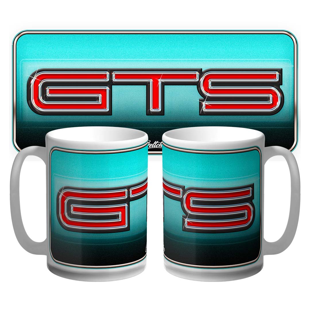GTS HQ Holden Monaro badge 15oz premium coffee mug, Australian made hand‑illustrated automotive art by Geltchy for Holden and street machine fans