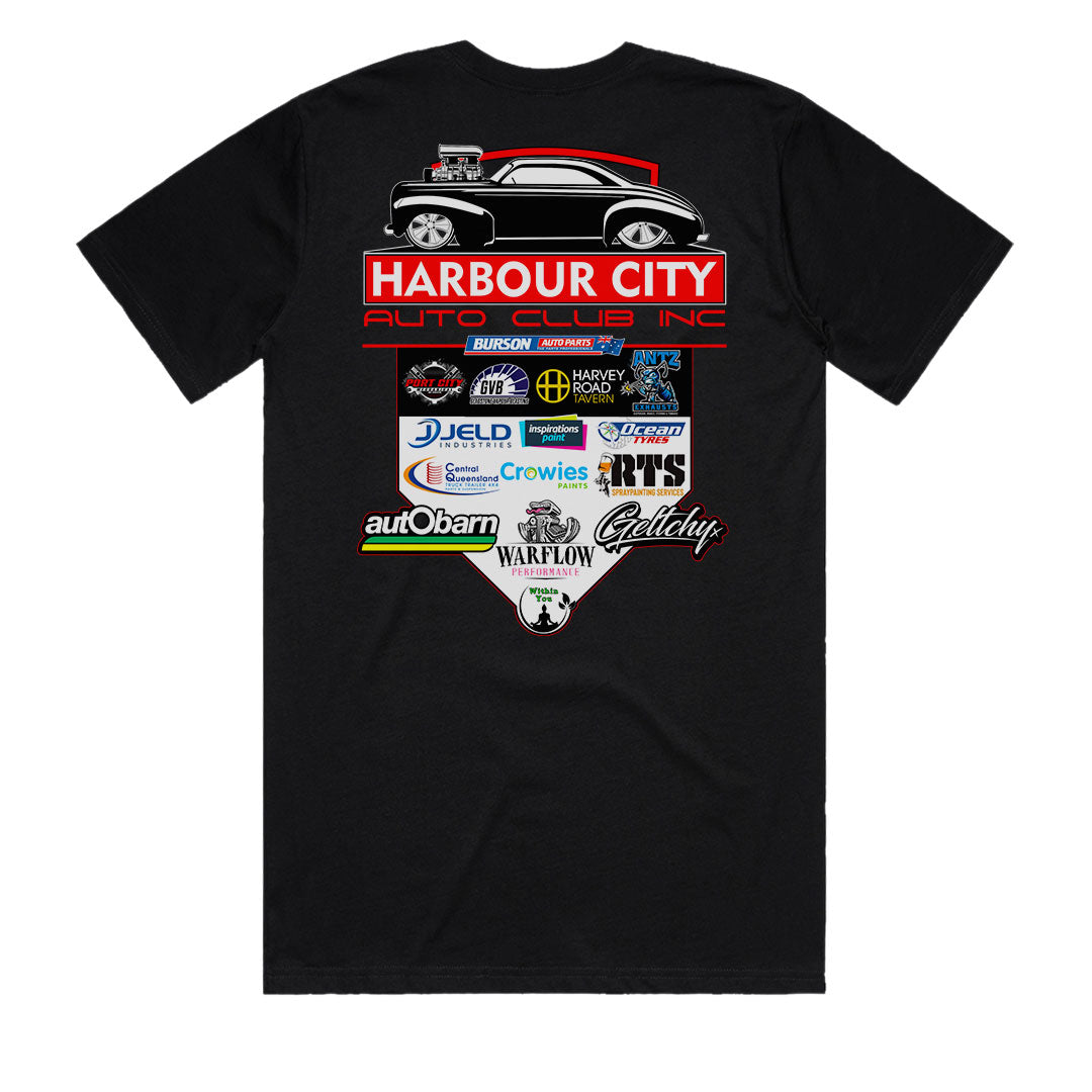 Harbour City Auto Club 2026 Official Sponsors Men’s T-Shirt Back View in Black, Gladstone QLD