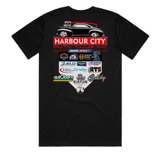 Harbour City Auto Club 2026 Official Sponsors Men’s T-Shirt Back View in Black, Gladstone QLD