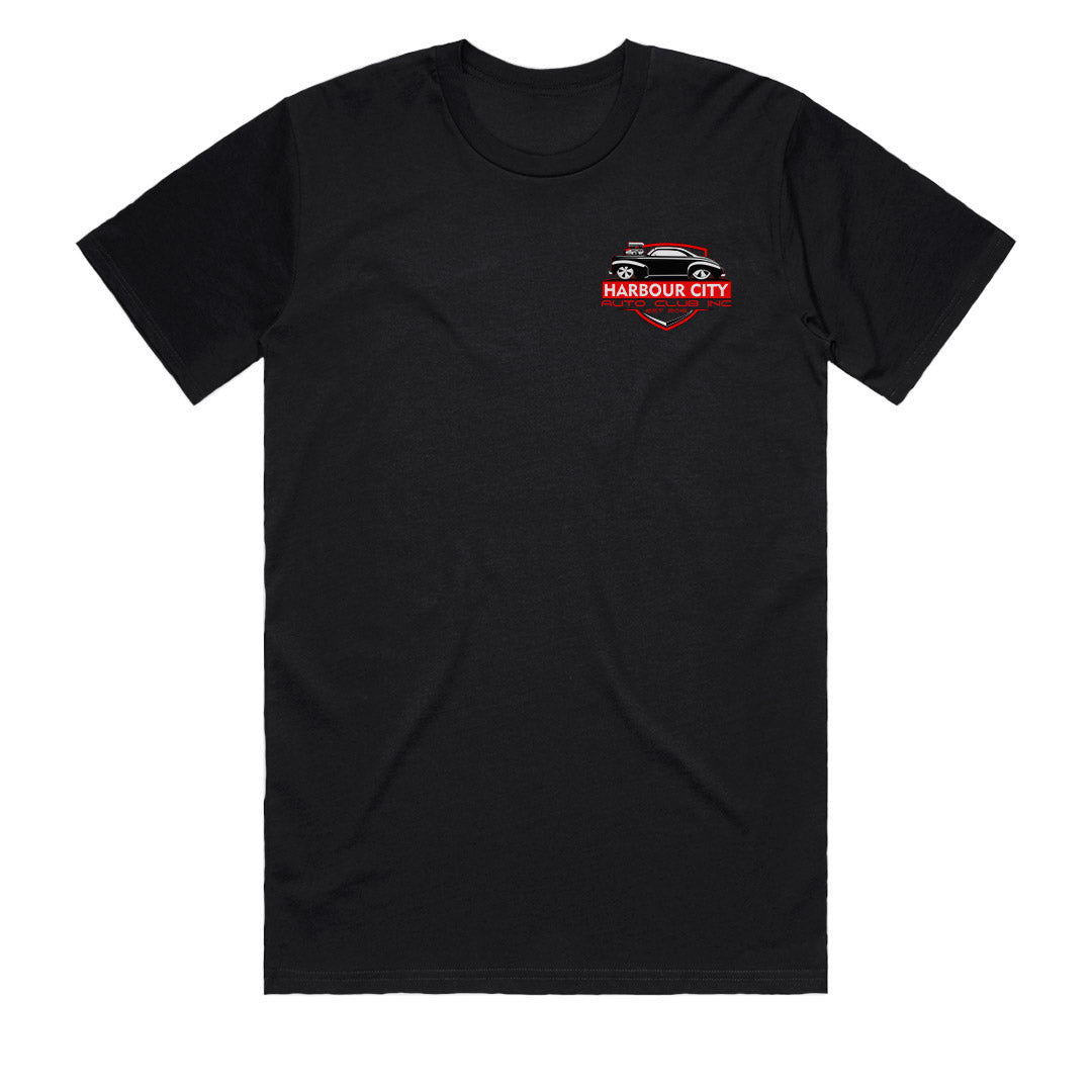 Harbour City Auto Club 2026 Official Sponsors Men’s T-Shirt Front View in Black, Gladstone QLD