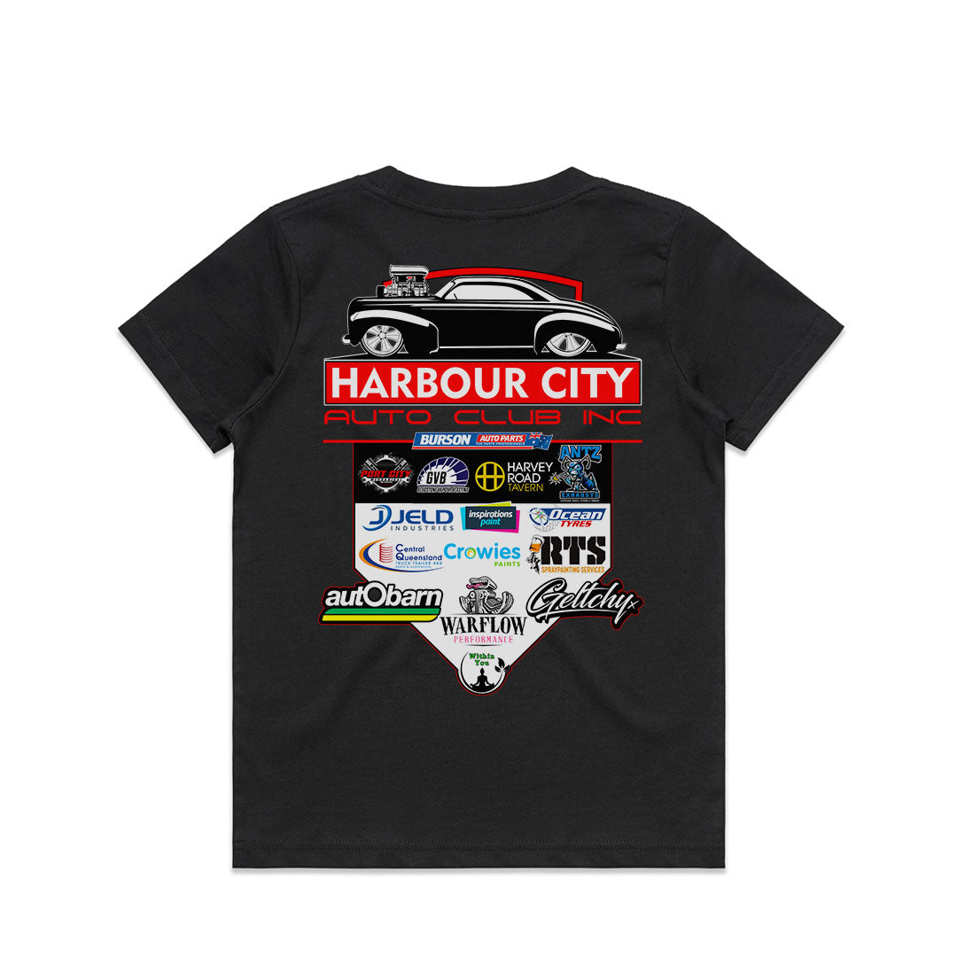 Harbour City Auto Club Official Sponsors Kids T-Shirt 2026 Black Back – Gladstone QLD Car Club Merchandise