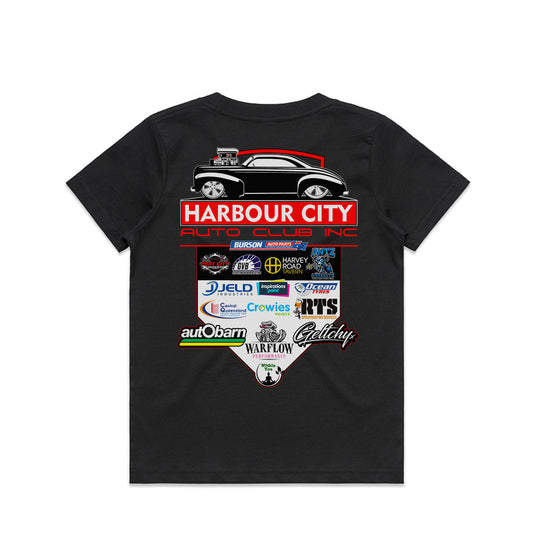 Harbour City Auto Club Official Sponsors Kids T-Shirt 2026 Black Back – Gladstone QLD Car Club Merchandise
