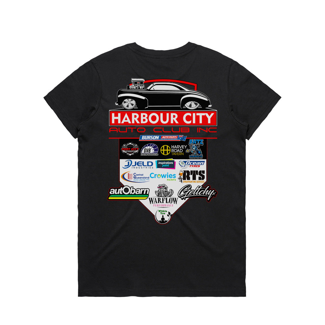 Harbour City Auto Club Womens Sponsors T-Shirt 2026 Black Back View – Gladstone QLD Car Club Merch