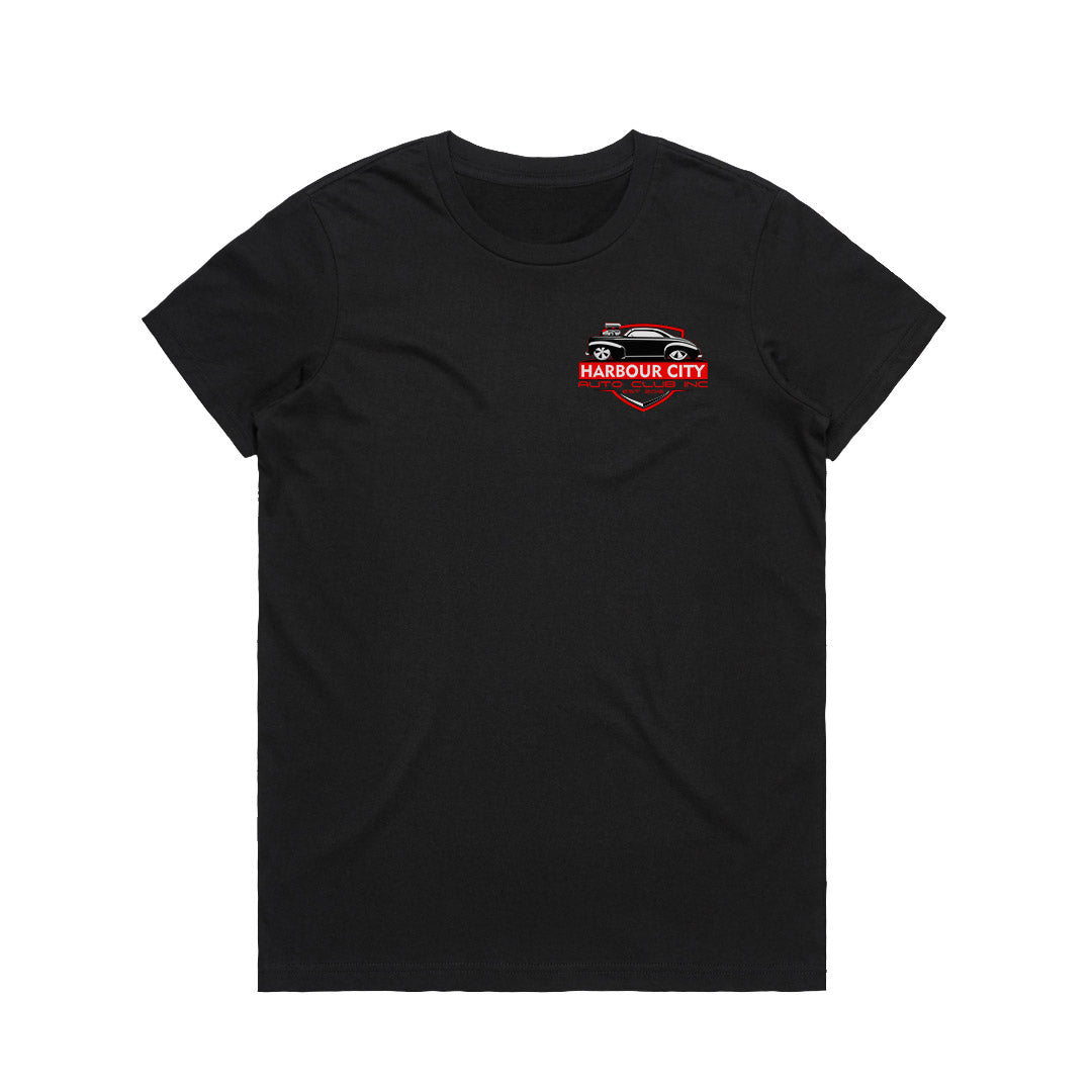 Harbour City Auto Club Womens Sponsors T-Shirt 2026 Black Front View – Gladstone QLD Car Club Merch