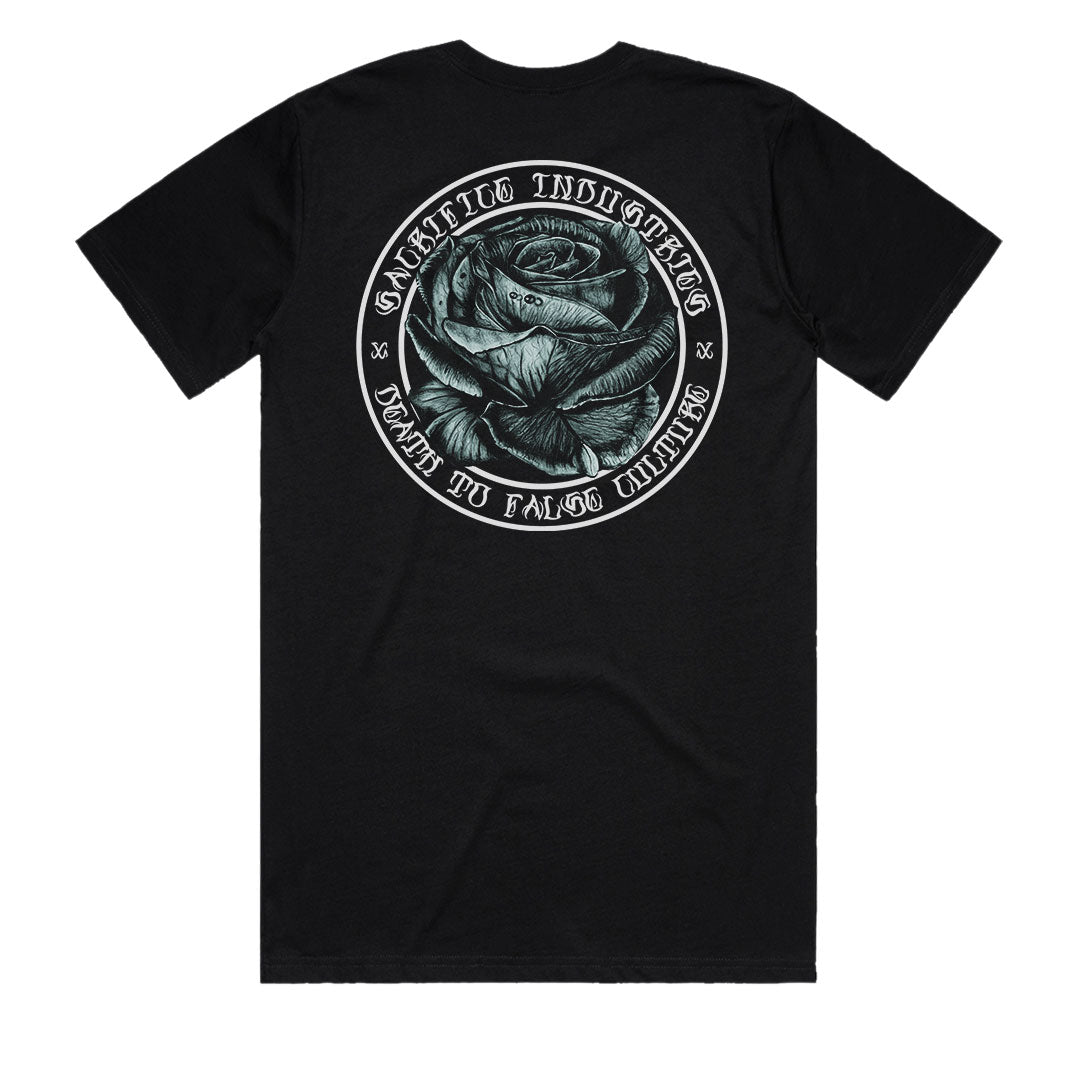 Hardcore Rose back print t-shirt False Culture Rose mens black tee by Sacrifice Industries