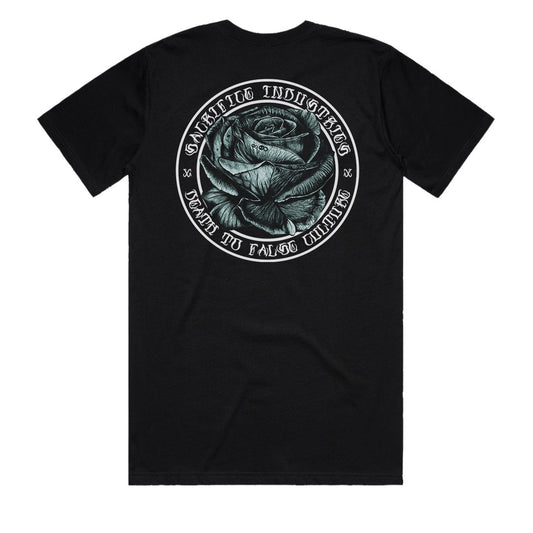 Hardcore Rose back print t-shirt False Culture Rose mens black tee by Sacrifice Industries