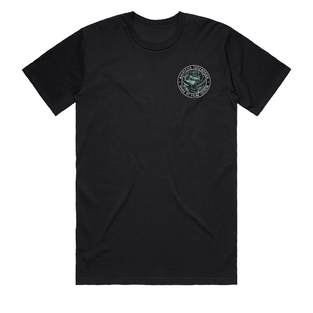 Hardcore Rose back print t-shirt False Culture Rose mens black tee by Sacrifice Industries - Front detail