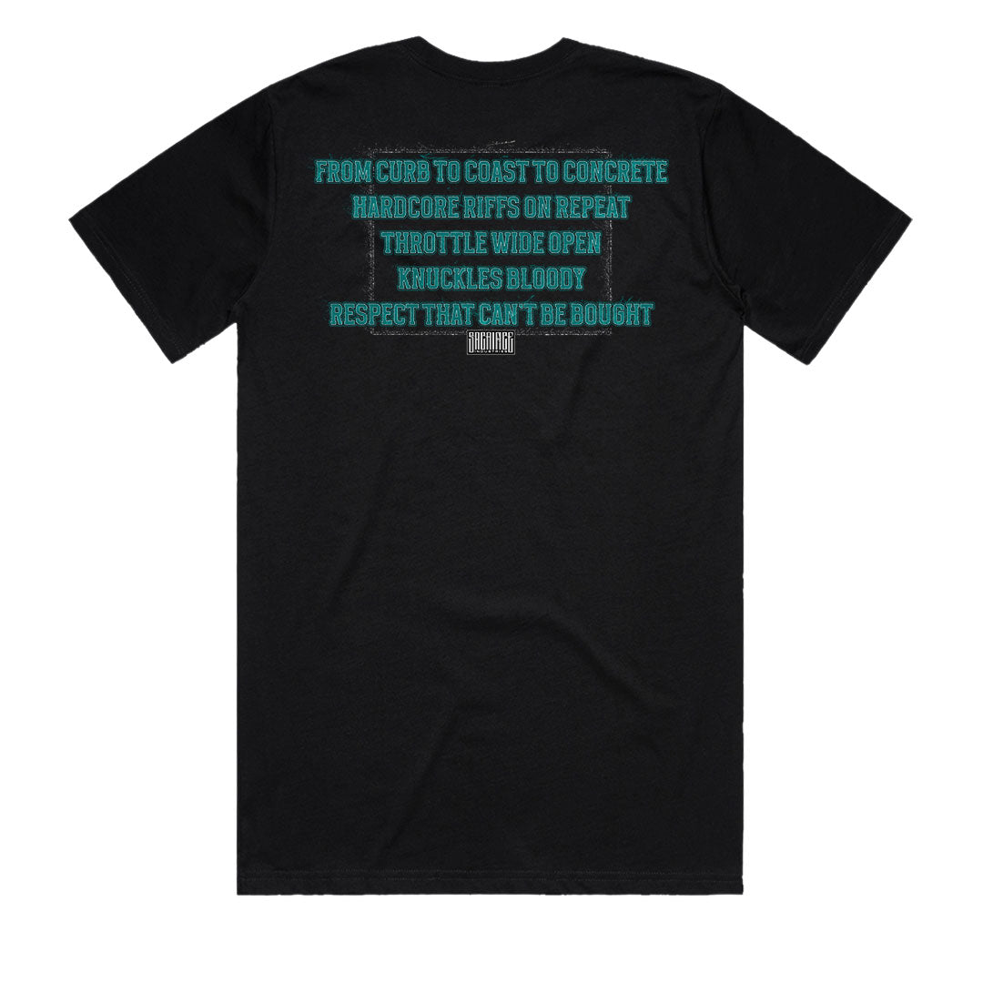 Hardcore streetwear t-shirt men’s black with distressed manifesto back print