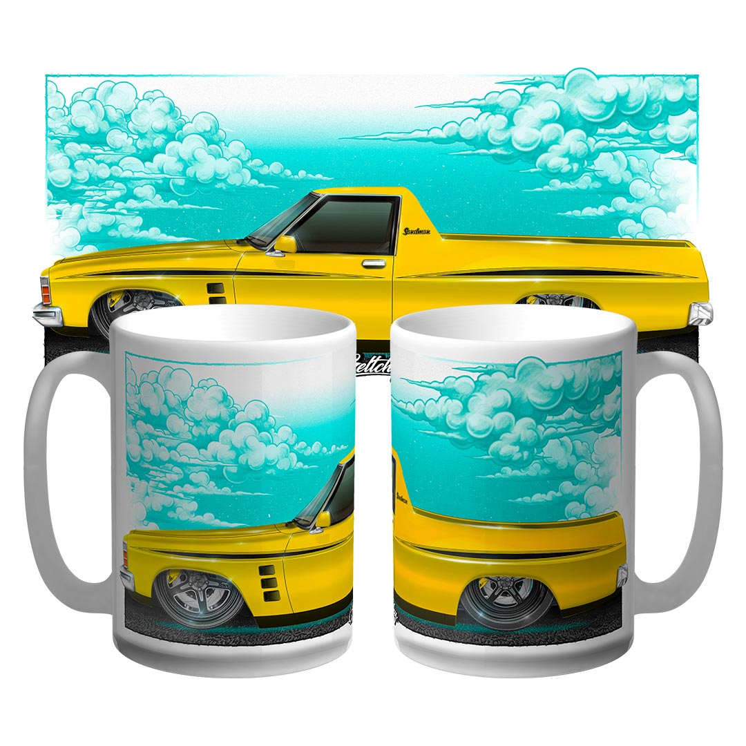 HJ Sandman coffee mug 15oz ceramic, Absinth Yellow Holden ute car art by Geltchy (Australian made)