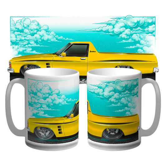 HJ Sandman coffee mug 15oz ceramic, Absinth Yellow Holden ute car art by Geltchy (Australian made)