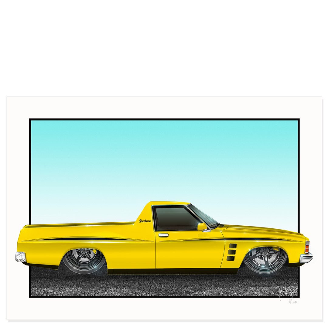 HJ Sandman ute art print in Absinth Yellow by Geltchy, signed and numbered limited edition (20 only)