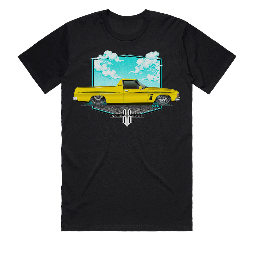HJ Sandman ute t-shirt men’s black front print, Australian made car art