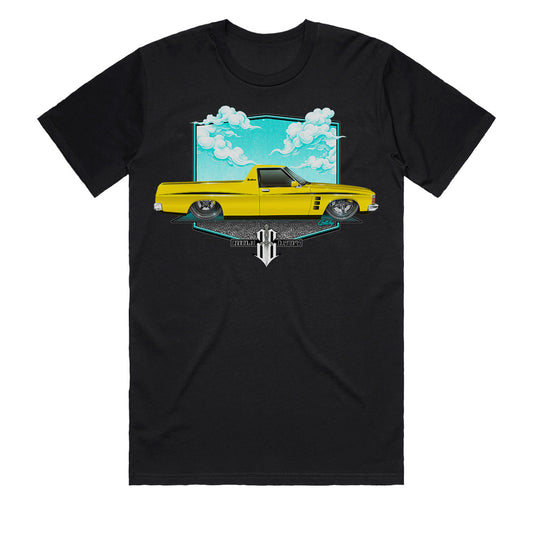 HJ Sandman ute t-shirt men’s black front print, Australian made car art