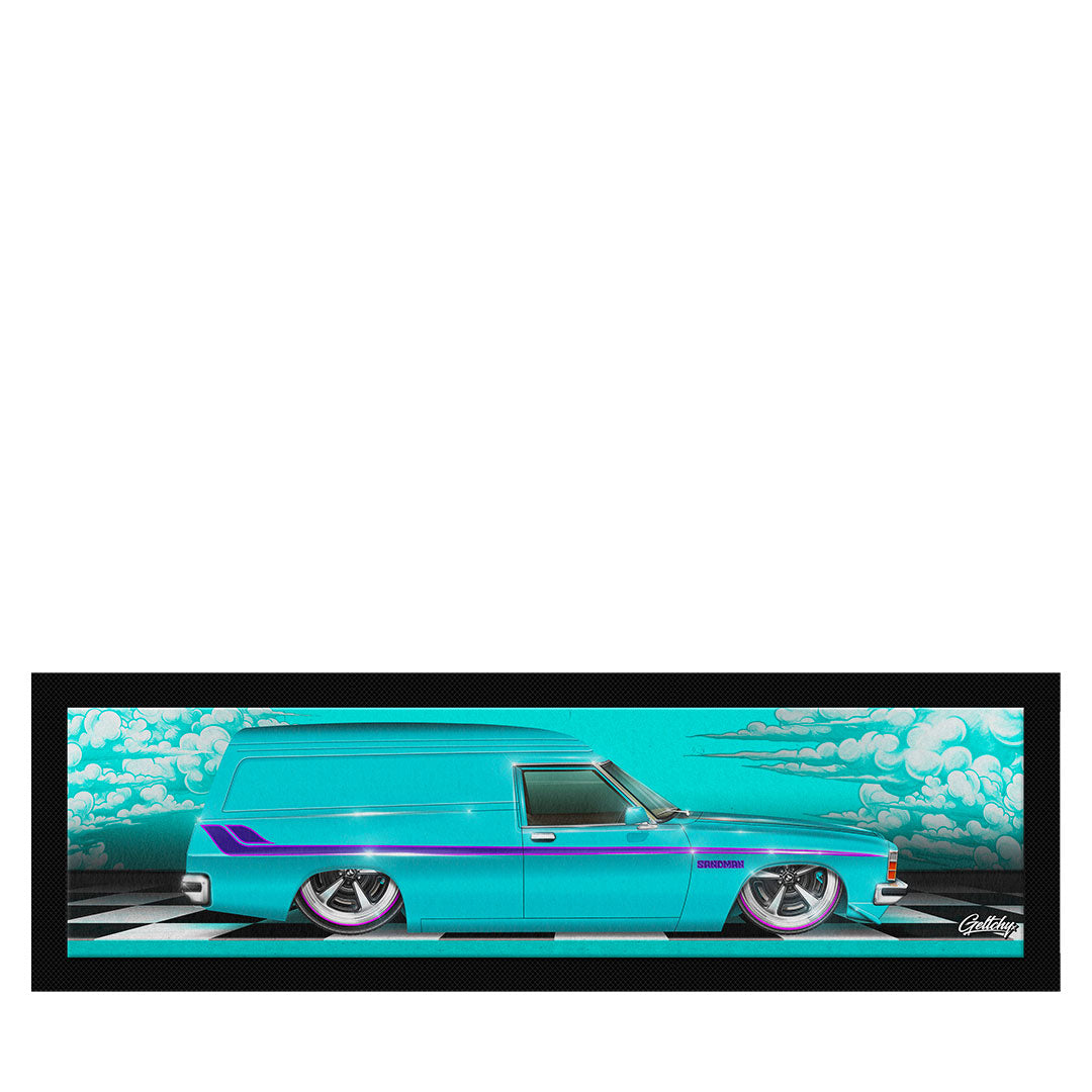 Holden Bar Runner with turquoise HZ Sandman panel van artwork, limited edition 890mm bar mat by Geltchy
