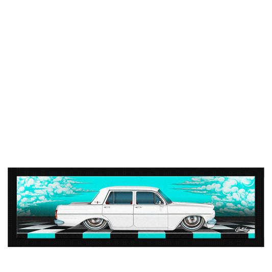 Holden Barware Man Cave EH Premier Bar Runner, limited edition, Australian-made, teal background, perfect for home bar or workshop decor