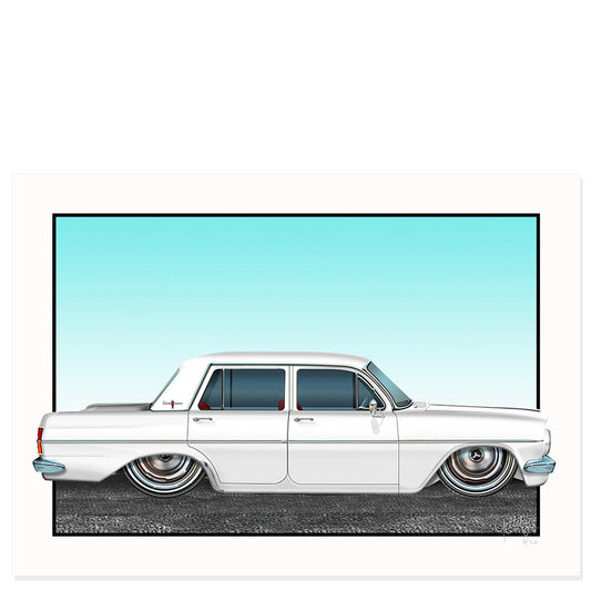 Holden Car Art EH Premier 4 Door Fowlers Ivory limited edition hand-illustrated art print, Australian made collectible