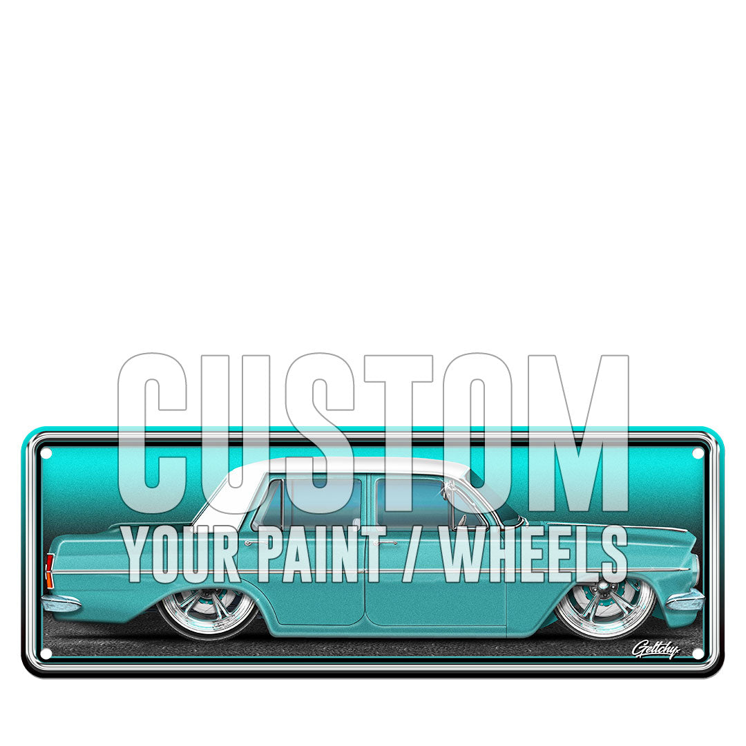 Holden EH number plate sign showing hand-illustrated artwork cusoise your paint your wheels