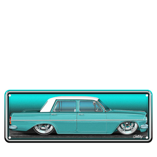 Holden EH Street Machine number plate sign in Fowlers Ivory over Seamist Green, premium aluminium man cave decor by Mark Geltch