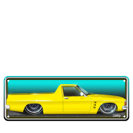 Holden HJ HX HZ Kingswood Ute custom novelty number plate sign with custom paint colour and wheels, premium aluminium wall display by Mark Geltch.