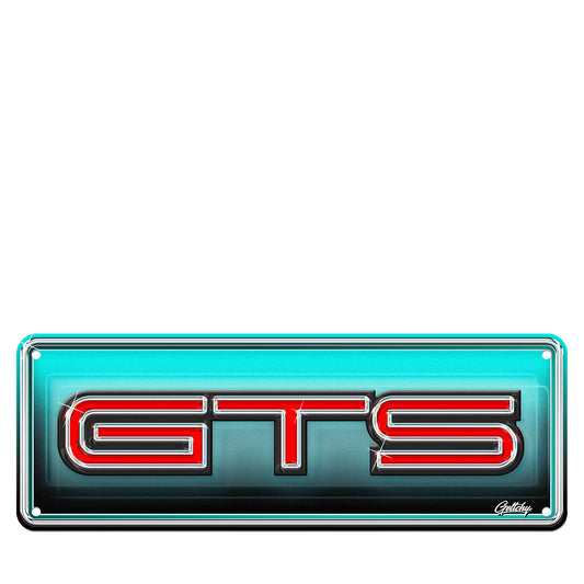 Holden HQ GTS Badge Number Plate Sign - Hand-illustrated Australian muscle car art by Mark Geltch, premium aluminium man cave decor