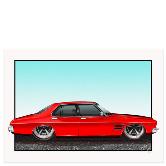 Limited Edition Holden HQ GTS Monaro 4 Door Salamanca Red Auto Art Print by Mark Geltch - Australian Muscle Car Wall Art for Man Cave Decor