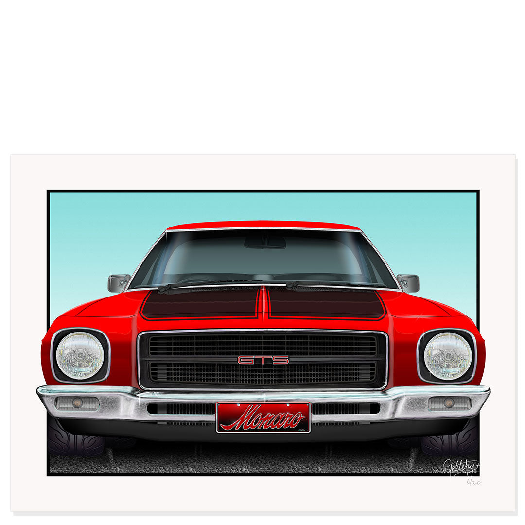 Holden HQ GTS Monaro art print Australia in Salamanca Red, limited edition giclée man cave wall art with custom colour and number plate option