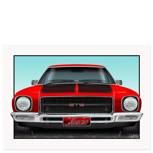 Holden HQ GTS Monaro art print Australia in Salamanca Red, limited edition giclée man cave wall art with custom colour and number plate option