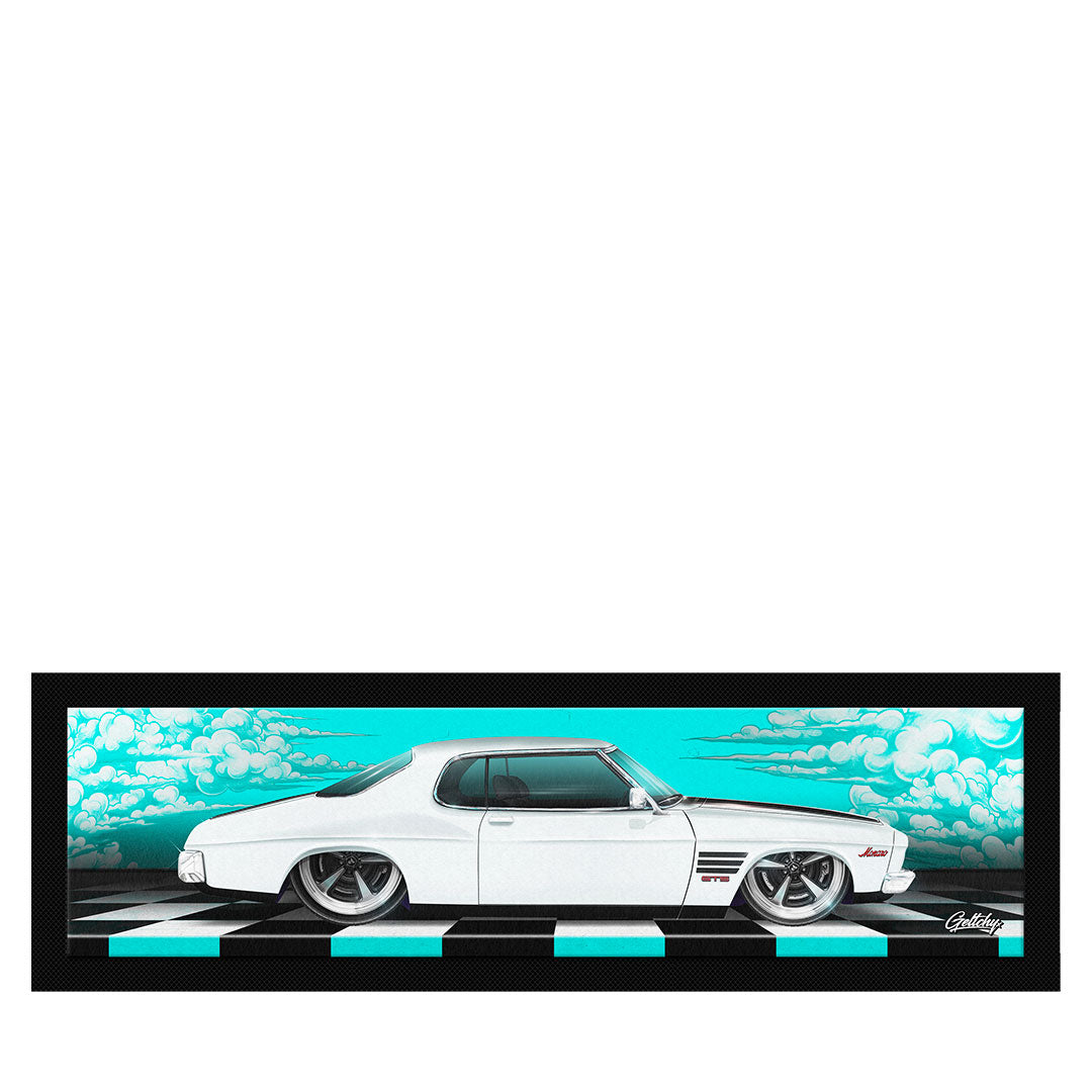 Holden HQ GTS Monaro Glacier White bar runner mat, limited edition, Australian made – perfect for man cave, tradie gift, or home bar.