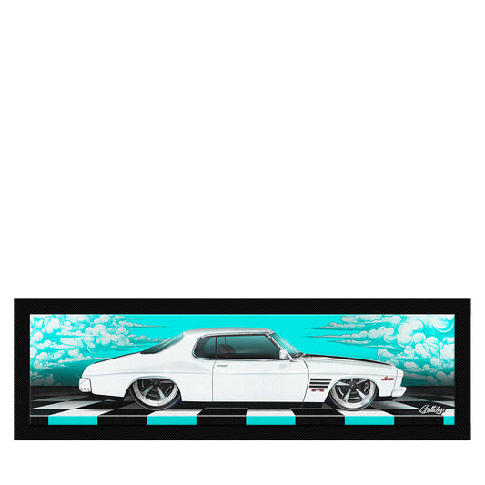 Holden HQ GTS Monaro Glacier White bar runner mat, limited edition, Australian made – perfect for man cave, tradie gift, or home bar.