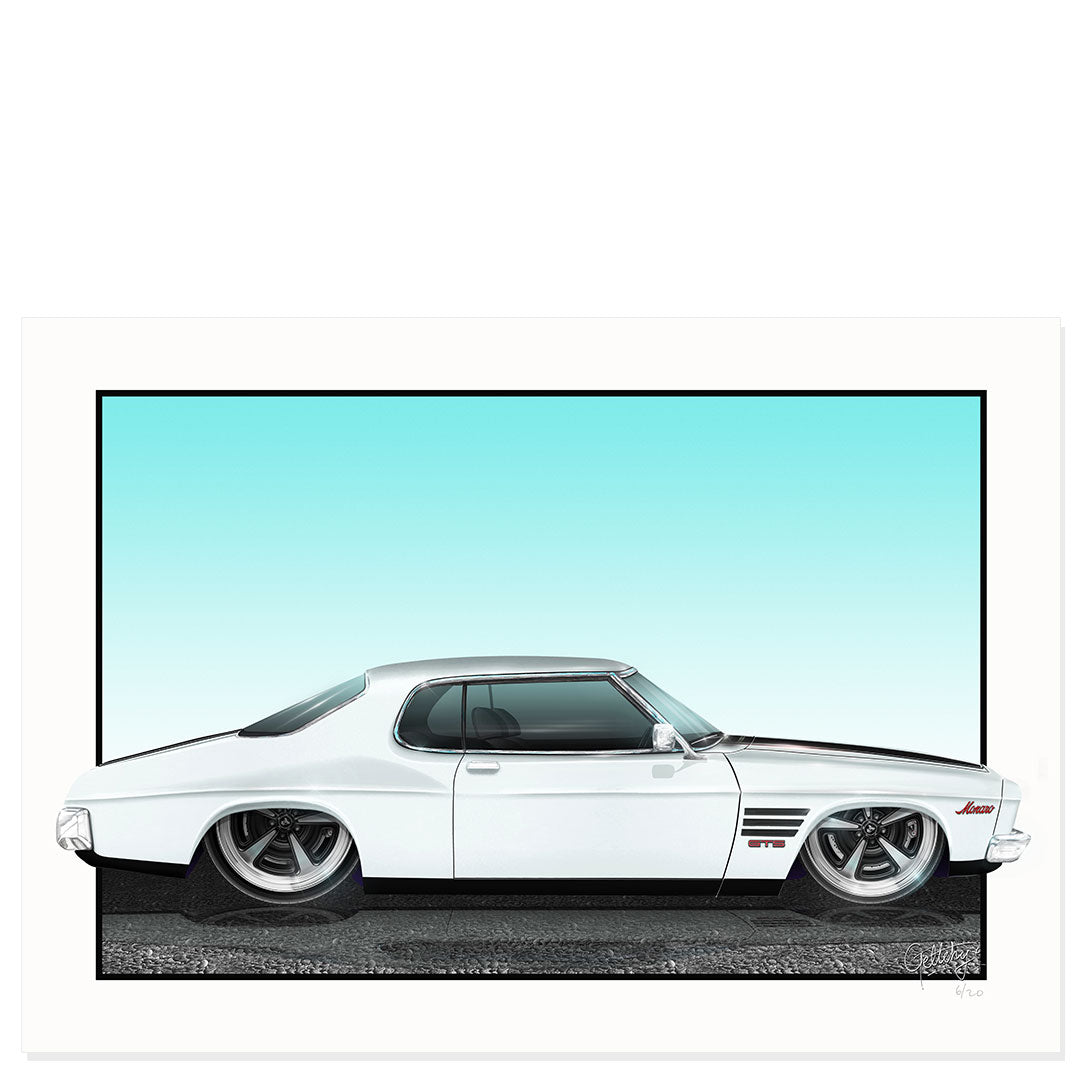 Holden HQ GTS Monaro Glacier White limited edition art print – Australian made, hand-illustrated collectible wall art by Geltchy
