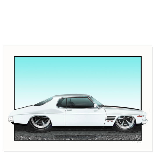 Holden HQ GTS Monaro Glacier White limited edition art print – Australian made, hand-illustrated collectible wall art by Geltchy
