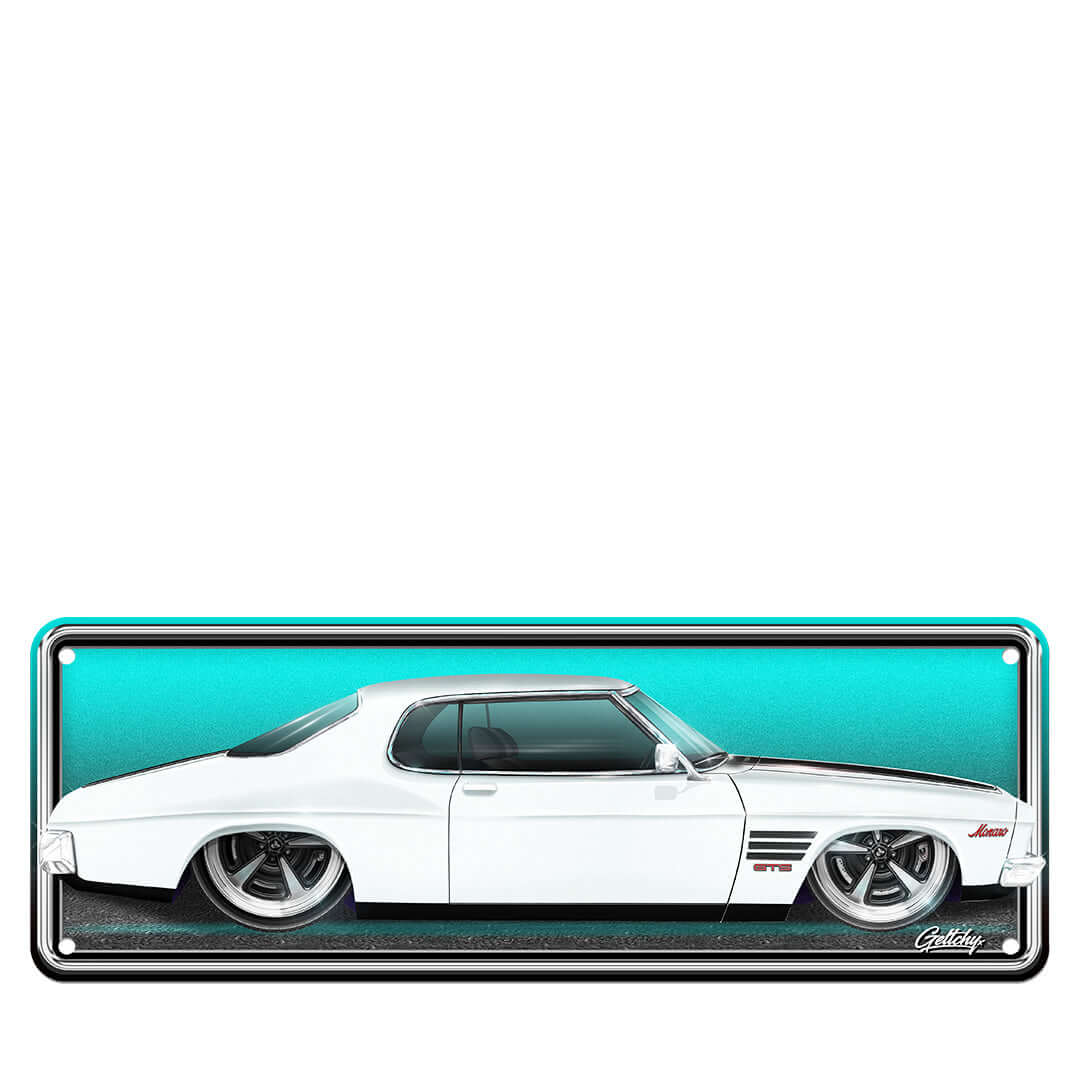 Holden HQ GTS Monaro Glacier White number plate sign, premium aluminium, hand-illustrated by Mark Geltch, Australian made, limited edition
