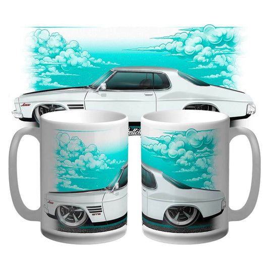 Hand-illustrated Holden HQ GTS Monaro 15oz mug in Glacier White – Australian made classic car coffee cup by Geltchy