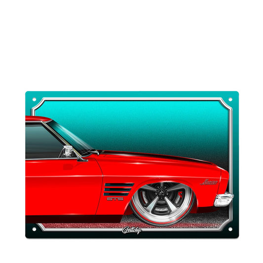 Holden HQ GTS Monaro 4 Door Salamanca Red front view tin sign - Hand-illustrated Australian muscle car art by Mark Geltch