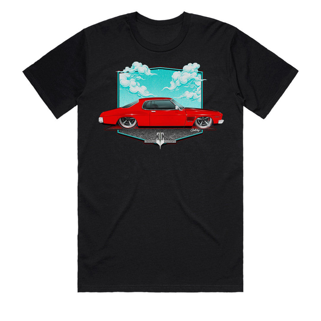 Holden HQ GTS Monaro Salamanca Red Men’s T-Shirt front view – Australian-made streetwear by Geltchy