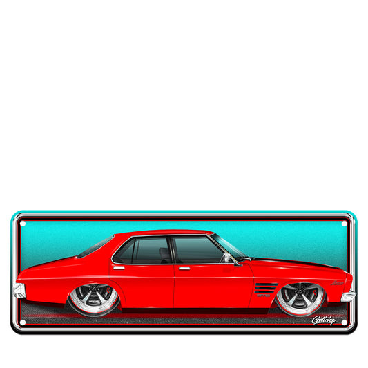 Limited edition Holden HQ GTS Monaro 4 door Salamanca Red number plate sign sideview - hand-illustrated Australian muscle car wall art by Mark Geltch for man cave decor